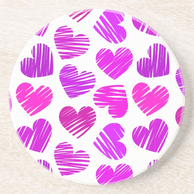 Moderne Lila und rosa Doodled Hearts Valentine Getränkeuntersetzer (Vorne)