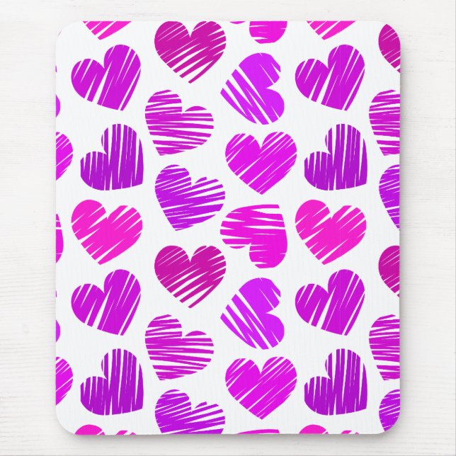 Moderne Lila und rosa Doodled Hearts Valentine Mousepad (Vorne)