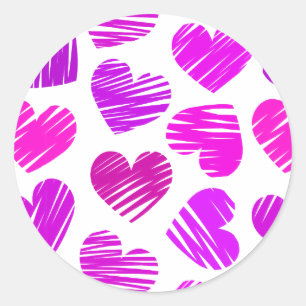 Moderne Lila und rosa Doodled Hearts Valentine Runder Aufkleber