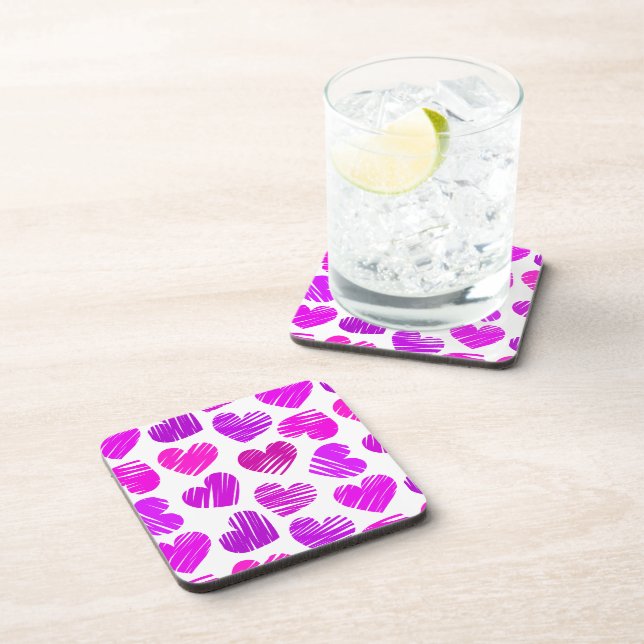 Moderne Lila und rosa Doodled Hearts Valentine Untersetzer (Rechte Seite)