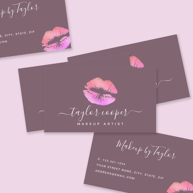 Moderne lila und rosa Lippen-Make-up-Künstler Visitenkarte (Von Creator hochgeladen)