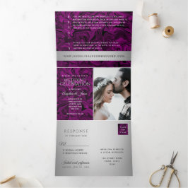 Moderne Lila und Silberne Foto Hochzeit Dreifach Gefaltete Einladung