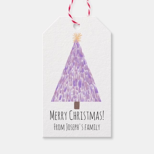 Moderne lila Weihnachtsbaume Geschenkanhänger (Vorderseite)