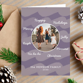 Moderne Lila Weihnachtswünsche Familie Foto Feiertagskarte