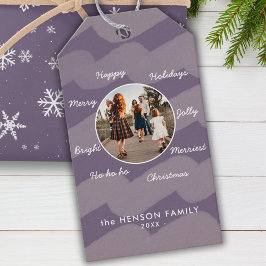 Moderne Lila Weihnachtswünsche Familie Foto Geschenkanhänger