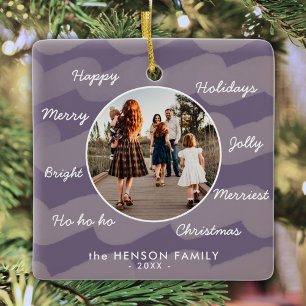 Moderne Lila Weihnachtswünsche Familie Foto Keramikornament