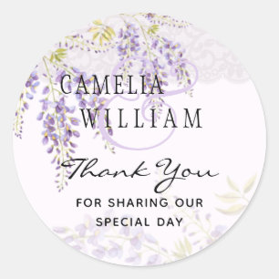 Moderne Lila Wisteria Blumen-Spitze Hochzeit Runder Aufkleber