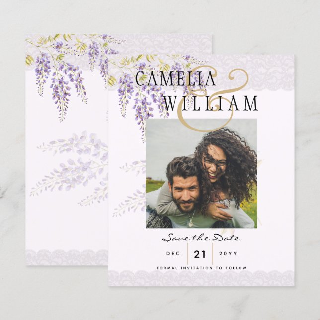Moderne Lila Wisteria FOTO Wedding Save the Date (Vorne/Hinten)