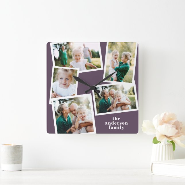 Moderne lila Wohngestaltung mit mehreren Fotos Quadratische Wanduhr (Zuhause)
