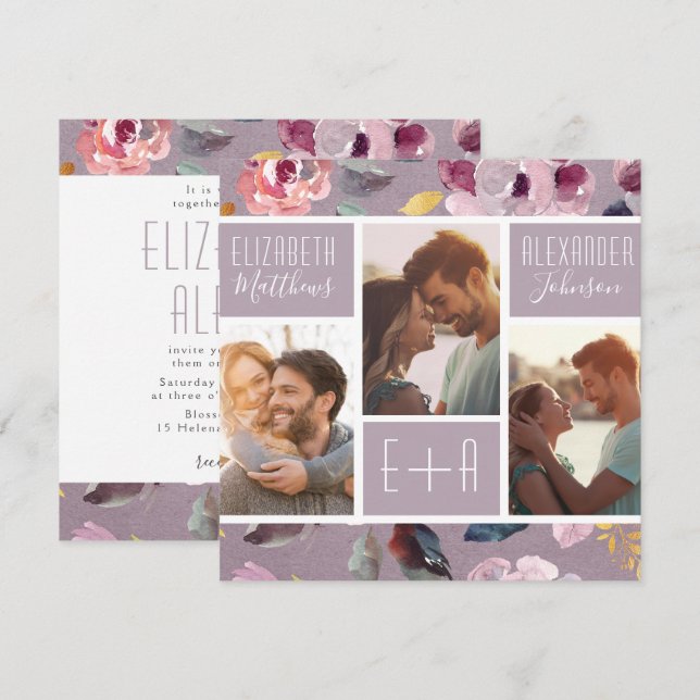 Moderne Lilac Floral Foto Collage Hochzeit Einladung (Vorne/Hinten)