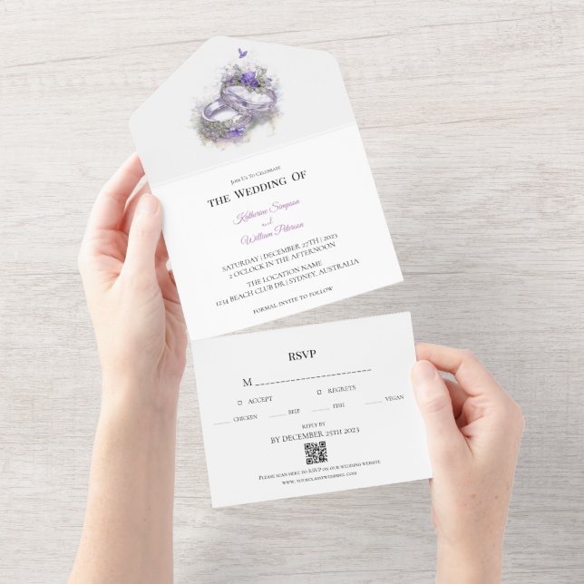Moderne Lilac-Hochzeitserklärung All In One Einladung (Abreißtisch)