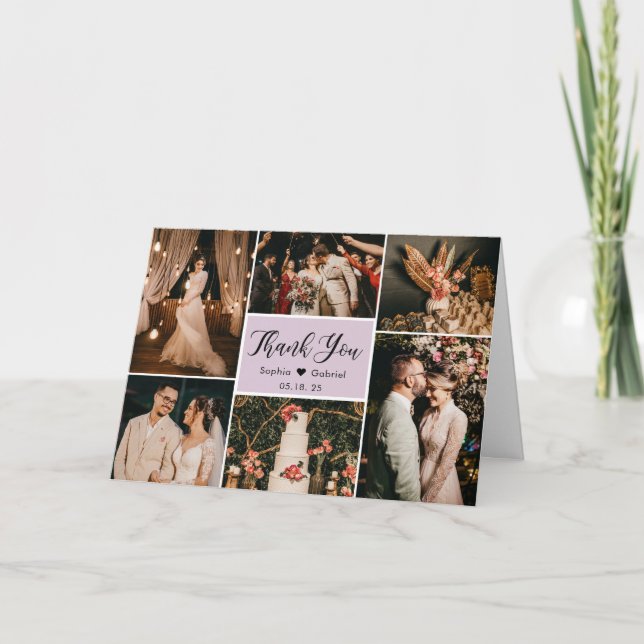 Moderne Lilac-Kalligrafie 6 Foto Collage Wedding Dankeskarte (Vorderseite)