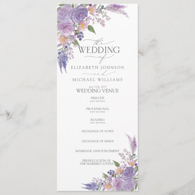 Moderne Lilac Lavender Mauve Script Floral Wedding Programm (Vorderseite)