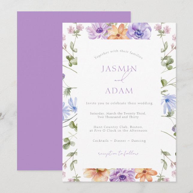 Moderne Lilac & Peach Floral Wedding Einladung (Vorne/Hinten)