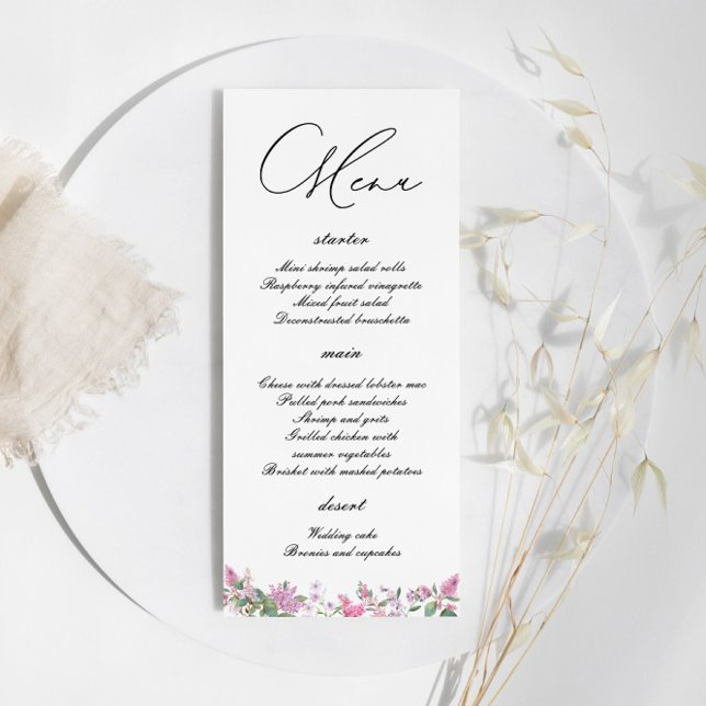 Moderne Lilac Watercolor Wildblumen Hochzeit Menükarte (Von Creator hochgeladen)