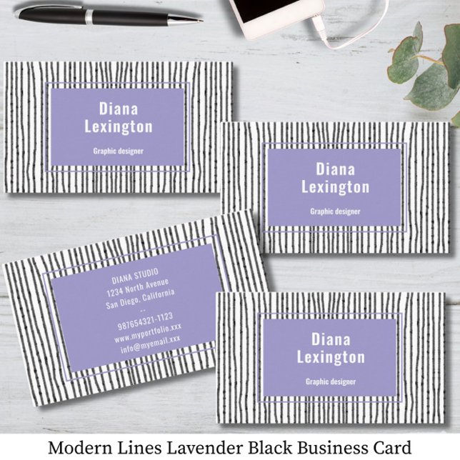 Moderne Lines Lavendel Black Business Card Visitenkarte (Von Creator hochgeladen)