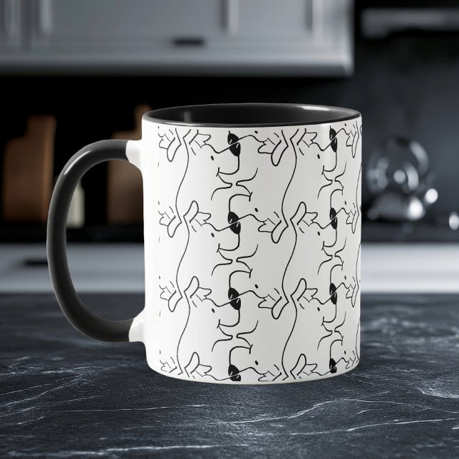 Moderne Linie Art Dog Muster Schwarz-Weiß Tasse (Von Creator hochgeladen)