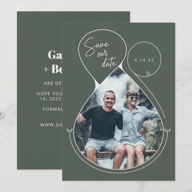 Moderne Linie Art Forest Green Foto Hochzeit Save The Date (Vorne/Hinten)