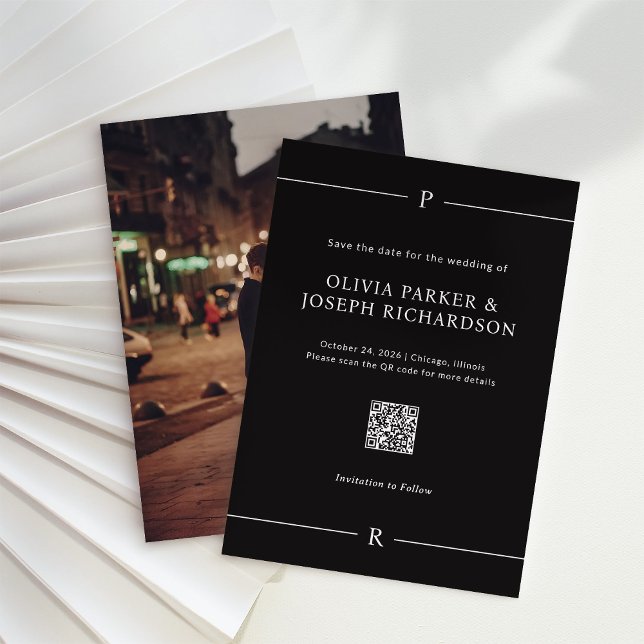 Moderne Linien und Monogram, schwarzer QR-Code und Save The Date (Von Creator hochgeladen)