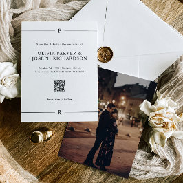 Moderne Linien und Monogramm, Weißer QR-Code und F Save The Date