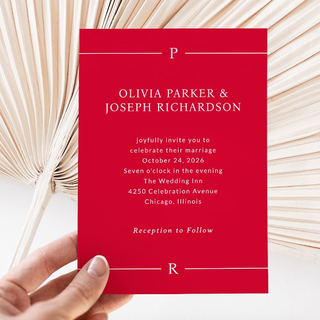 Moderne Linien und Monogramme | Cherry Red Wedding Einladung (Von Creator hochgeladen)