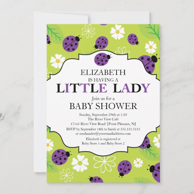 Moderne Little Lady Lila Ladybug Babydusche Einladung (Vorderseite)