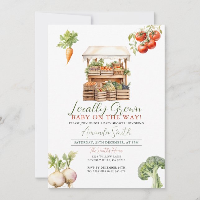 Moderne, lokal angelegte Fresh Market Babydusche Einladung (Vorderseite)