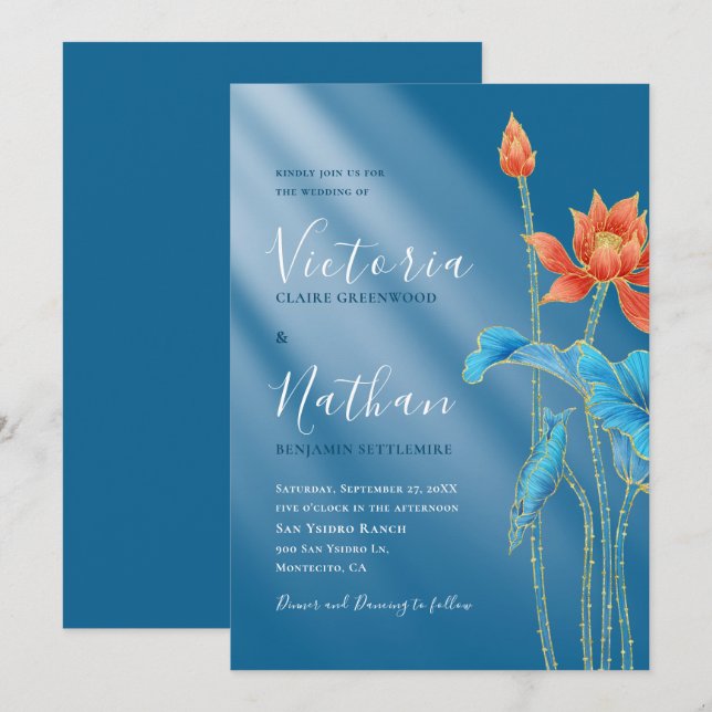 Moderne Lotus Blume Blauer Hochzeitstag Einladung (Vorne/Hinten)
