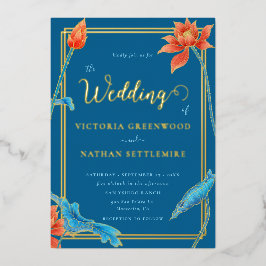 Moderne Lotus Blume Orange und Blue Wedding Folieneinladung