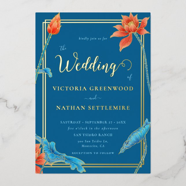 Moderne Lotus Blume Orange und Blue Wedding Folieneinladung (Vorderseite)