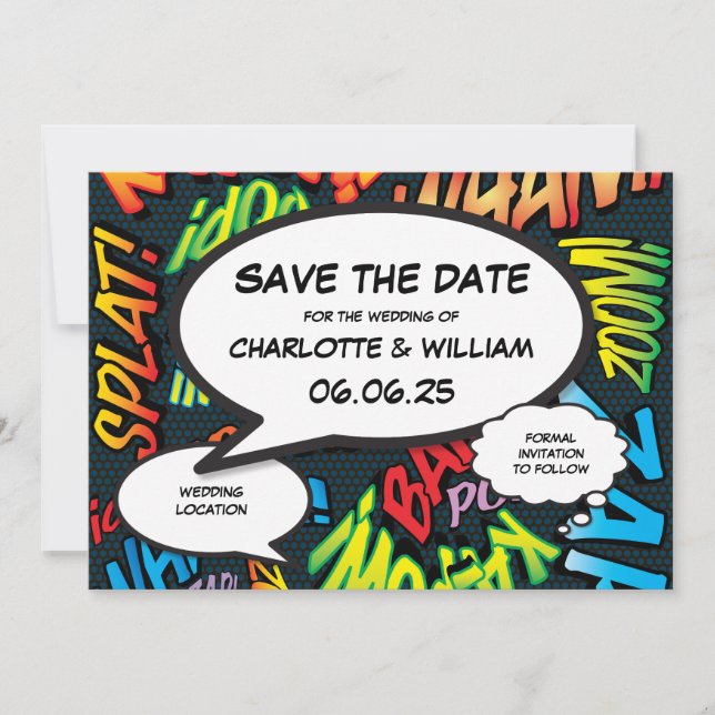 Moderne lustige Comic-Hochzeit Save The Date (Vorderseite)