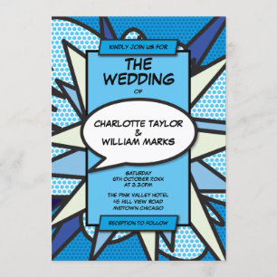 Moderne lustige Hochzeit Designer Blau Comic-Book Einladung