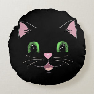 Moderne lustige süße schwarze Katzen-Gesicht Carto Rundes Kissen