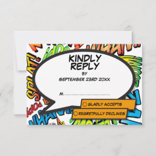 Moderne lustige typografische Comic-Book-Pop-Art RSVP Karte