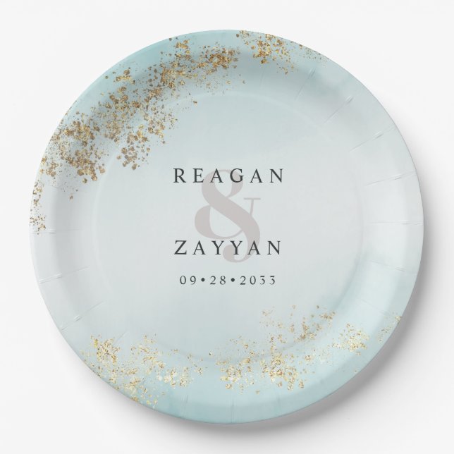 Moderne Luxe Gold Flecks Aquamarine Nebelhochzeit Pappteller (Vorderseite)