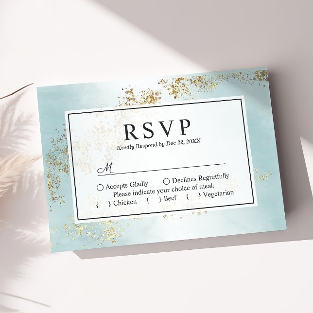 Moderne Luxe Gold Flecks Aquamarine Nebelhochzeit RSVP Karte (Von Creator hochgeladen)