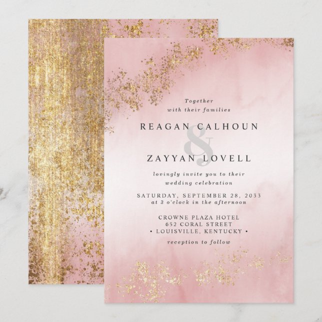 Moderne Luxe Gold Flecks Blush Pink Mist Hochzeit Einladung (Vorne/Hinten)