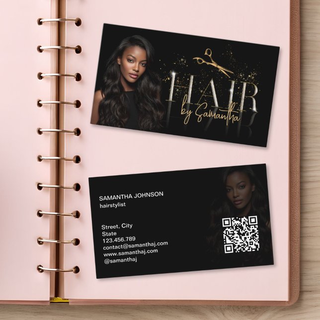 moderne Luxus-Frisör-Wig-Extensions-Schere Visitenkarte (modern typography gold scissors hair stylist business cards)