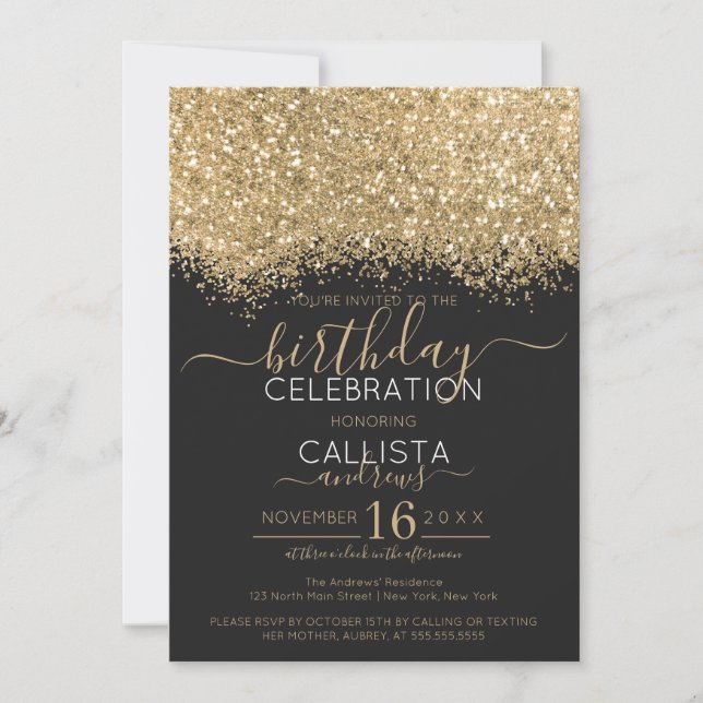 Moderne Luxus Gold Black Glitzer Confetti Geburtst Einladung (Vorderseite)