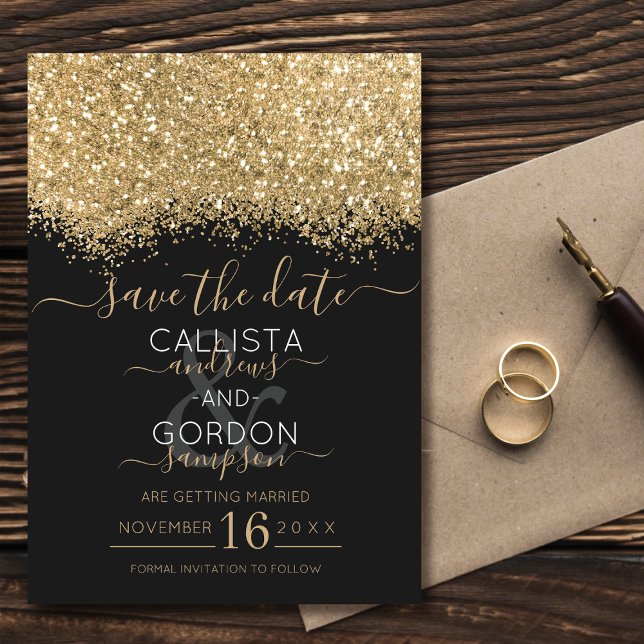 Moderne Luxus Gold Black Glitzer Confetti Wedding Save The Date (Von Creator hochgeladen)