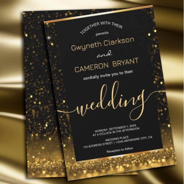 Moderne Luxus Gold Black Glitzern Einladung (#zazzlemade #wedding #weddinginvitation #goldinvitation)