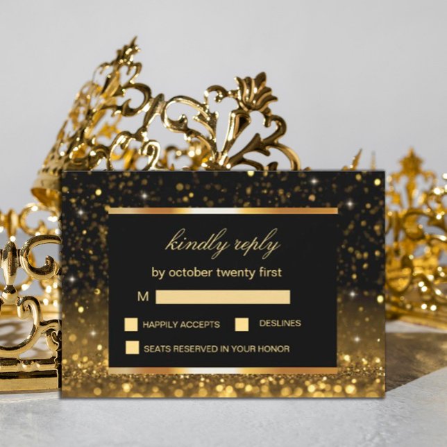 Moderne Luxus Gold Black Glitzern RSVP Karte (#zazzlemade #weddings gold, #rsvpcard  #gold and black #sparklescard)