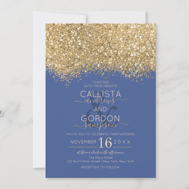 Moderne Luxus Gold Blue Glitzer Confetti Wedding Einladung (Vorderseite)