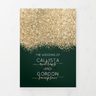 Moderne Luxus Gold Green Glitzer Confetti Wedding Dreifach Gefaltete Ankündigung