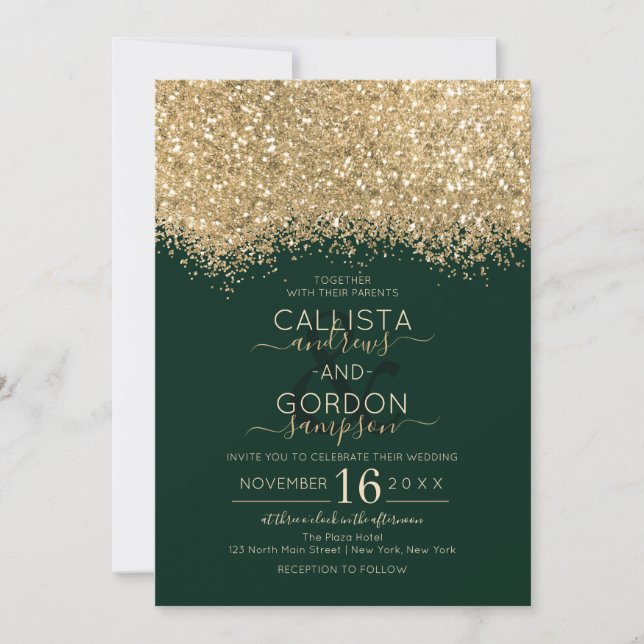 Moderne Luxus Gold Green Glitzer Confetti Wedding Einladung (Vorderseite)