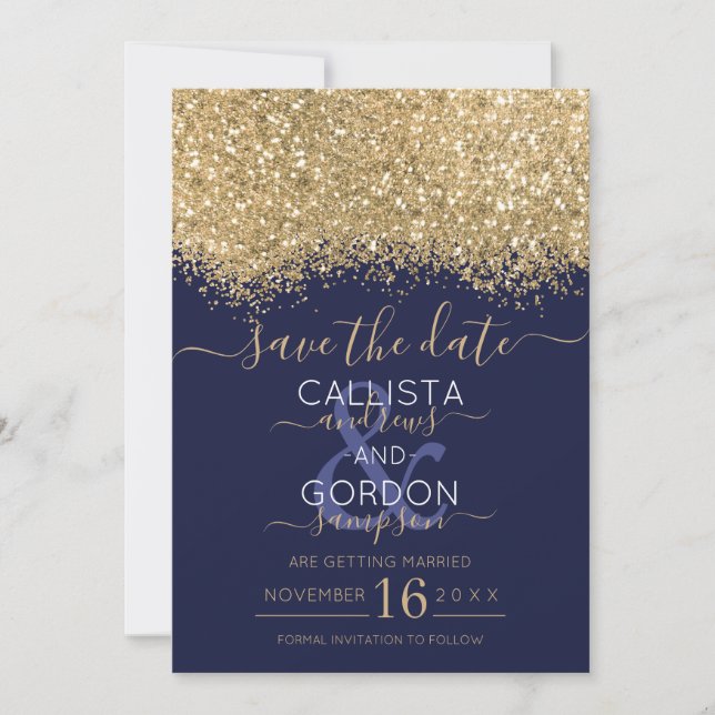 Moderne Luxus Gold Navy Glitzer Confetti Wedding Save The Date (Vorderseite)
