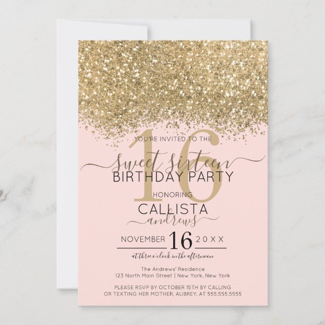 Moderne Luxus Gold Pink Glitzer Confetti Sweet 16 Einladung (Vorderseite)