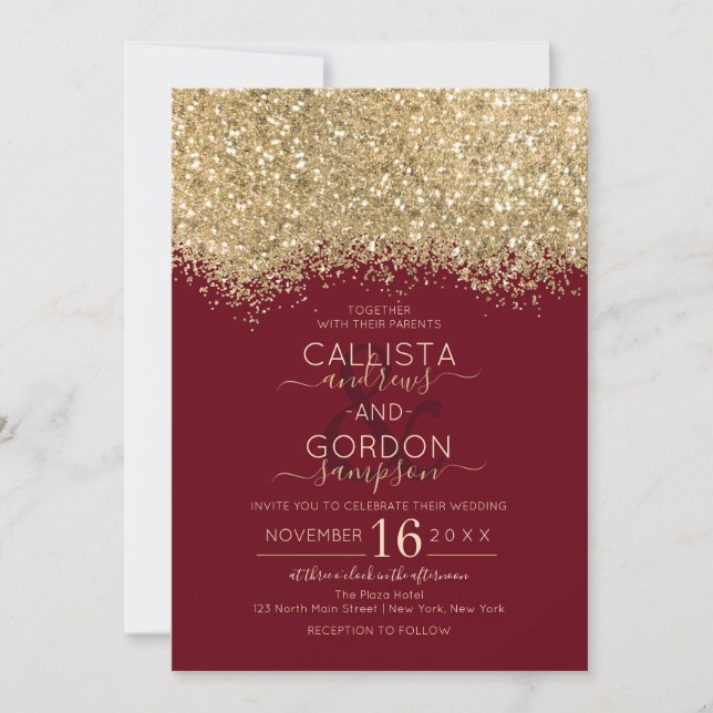 Moderne Luxus Gold Rot Glitzer Confetti Wedding Einladung (Vorderseite)