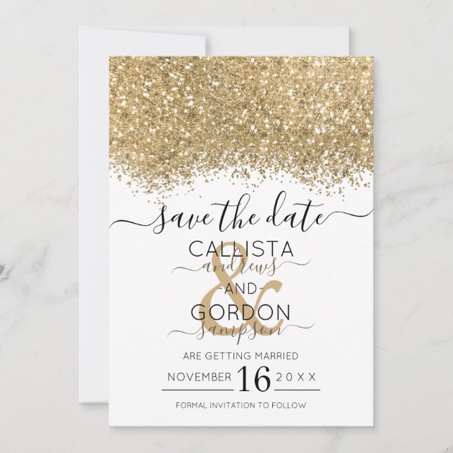 Moderne Luxus Gold Weißer Glitzer Confetti Wedding Save The Date (Vorderseite)