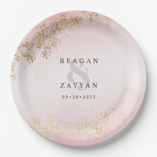 Moderne Luxus-Goldflitter-Blush-Rosa-Nebel-Hochzei Pappteller
